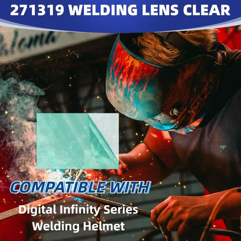 Clear Inside Cover Lens 271319 Kit 10 Pack Compatible With Digital Infinity Series Welding Helmets displayed over welding scene