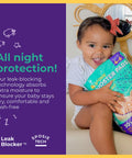 Child holding Overnight Diaper Booster Pads Stops Nighttime Leaks For Extra Absorbency Size Four To Six 30 Count package