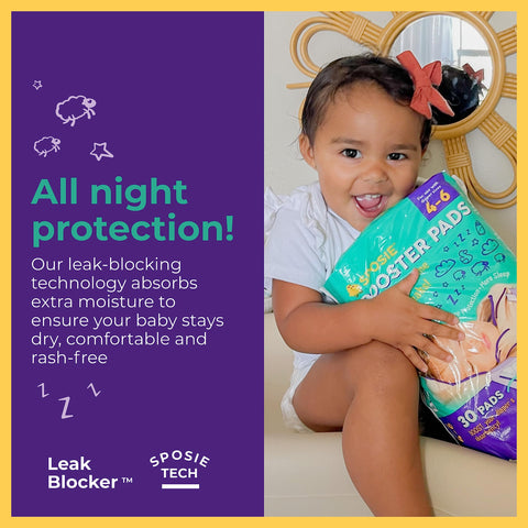 Child holding Overnight Diaper Booster Pads Stops Nighttime Leaks For Extra Absorbency Size Four To Six 30 Count package