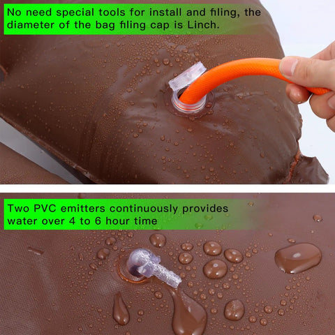 3 Pack 15 Gallon Tree Watering Ring Bags For Deep Root Watering with hose connection shown filling PVC pouch
