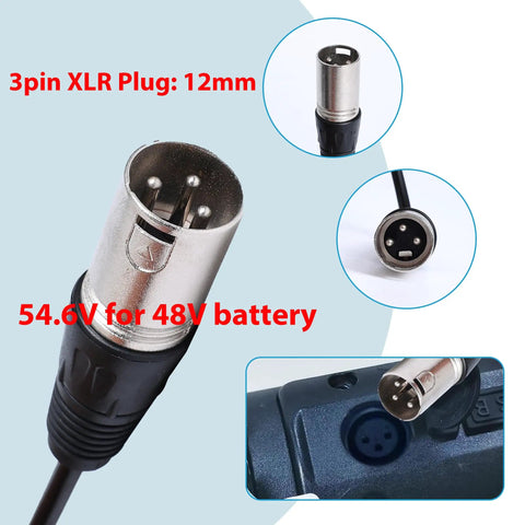 54.6V Fast Charger With XLR Plug for 13S 48V lithium batteries, close-up of 3 pin XLR connector for electric bikes and mobility scooters