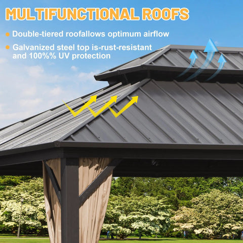 10x10 Ft Hardtop Gazebo With Dual Layer Metal Roof showing galvanized steel canopy and airflow design for weatherproof use.