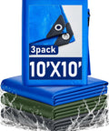 Stack of 3 Pack 10 Foot By 10 Foot Heavy Duty Waterproof Tarps With Grommets 5.5 Mil Thick PE Ground Cover in blue, green, silver