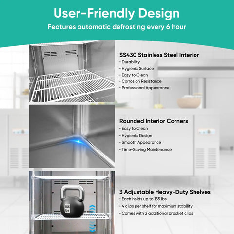 User-friendly design features of Top Shelf Heavy Duty Commercial Upright Freezer With Four Solid Doors And Slick Stainless Steel Construction 44.5 Cu Ft.