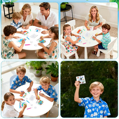 Children enjoying 24 Piece Summer Crafts Kit For Kids Ages 4 To 8, Ocean Theme Coloring Puzzles With Mermaid, Fish, Starfish, Crab And Shells