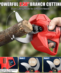 Close-up of red upgraded electric pruning shears cutting a thick branch, showcasing 2.56-inch cutting capacity mode.
