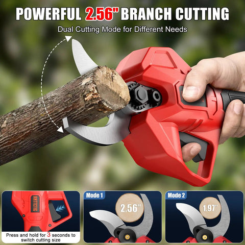 Close-up of red upgraded electric pruning shears cutting a thick branch, showcasing 2.56-inch cutting capacity mode.