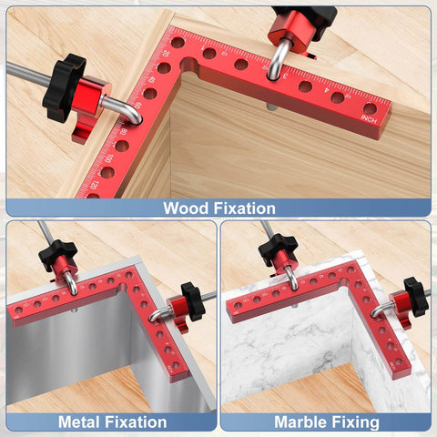 Right Angle Corner Clamp Set For Woodworking Pro Grade Aluminum Alloy Four Pack Five Point Five Inch Square Positioning Squares Heavy Duty 90 Degree Precision Ideal For Picture Frames Boxes Cabinets And Drawers, shown in use for wood, metal, and marble fixation.