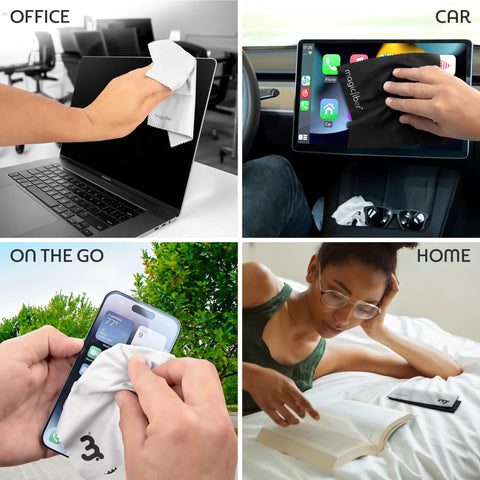 MagicFiber microfiber cleaning cloth wiping a laptop screen in an office.  
MagicFiber microfiber cleaning cloth wiping a car tablet screen.  
MagicFiber microfiber cleaning cloth cleaning a smartphone outdoors.  
MagicFiber microfiber cleaning cloth on a bed beside a reader and device.