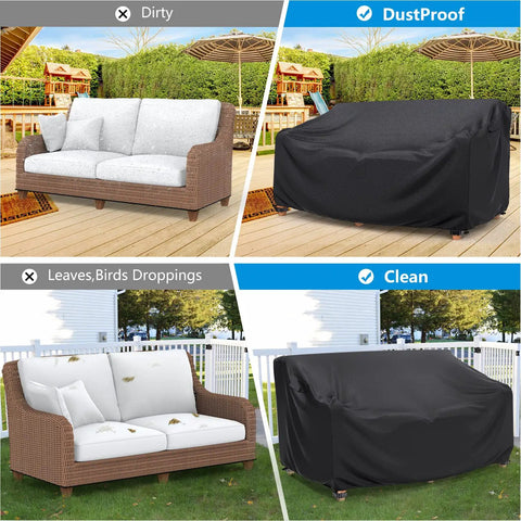 Heavy Duty Waterproof Patio Sofa Cover For 2-Seater Loveseat, Outdoor Furniture Cover With Air Vents And Handles, black, on clean and dirty sofas