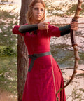 Woman archery wearing Medieval Viking Belt And Faux Leather Arm Guards Bracers Set 3 Piece For Cosplay
