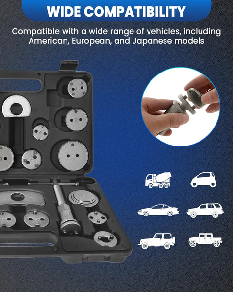 Pro Grade Heavy Duty Brake Caliper Compression Tool Set 24pc Universal Fit for Cars, Trucks and SUVs in black case.