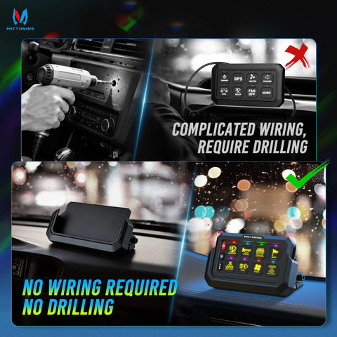 Comparison showing wired drilling installation versus P1s AC Wireless RGB Eight Gang Switch Panel No Wiring Needed setup