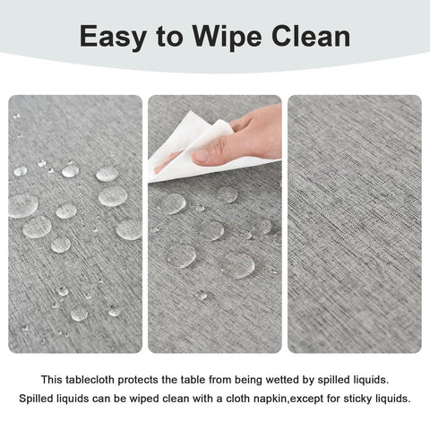 Water Resistant Gray Outdoor Tablecloth With Umbrella Hole And Zipper 54 By 54 Inch Square Faux Linen Wipeable Patio Cover For Picnic Camping And Backyard Parties showing wipeable surface with water droplets and cleaning cloth.