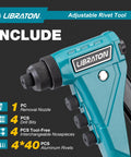 Image of Heavy Duty Pop Rivet Gun Kit For Pros And DIYers, including drill bits, interchangeable nozzles, and aluminum rivets.
