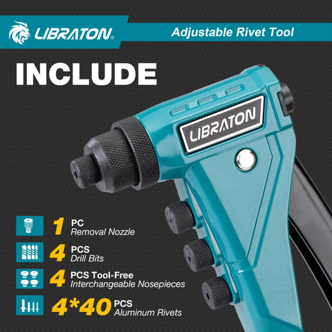 Image of Heavy Duty Pop Rivet Gun Kit For Pros And DIYers, including drill bits, interchangeable nozzles, and aluminum rivets.