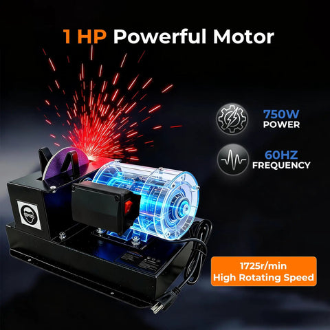 Give Your Yardwork A Major Upgrade With This Heavy Duty Blade Sharpener And Bench Grinder Boasting A Beefy 1Hp Motor, Fast Cutting 9 Inch Ceramic Wheel, No Hassle Angle Brackets, And Fresh Sandpaper Sheets. Image of 1 HP powerful motor, 750W power, high rotating speed.