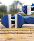 Mini Home Clamp-On Vise With Nylon Jaws, 2-Inch Jaw, 2.2-Inch Opening, Lightweight 1470g, The Go-To Tool For Electronics, Jewelry, Hobby, Model Making And Small Bench Projects. Blue vise with nylon jaws on bench.