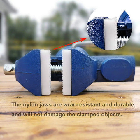 Mini Home Clamp-On Vise With Nylon Jaws, 2-Inch Jaw, 2.2-Inch Opening, Lightweight 1470g, The Go-To Tool For Electronics, Jewelry, Hobby, Model Making And Small Bench Projects. Blue vise with nylon jaws on bench.