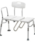 Tub Transfer Bench With U Shaped Cutout Guard Keeps Shower Curtain Inside Tub No Spill Design Adjustable Height Reversible Layout 400 Lb Capacity Safe Bathing Aid For Easy Entry And Exit White, features adjustable height and sturdy construction.
