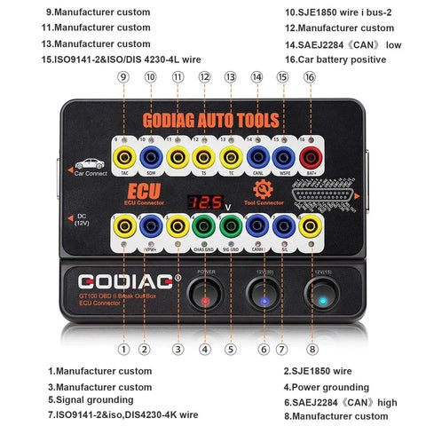 Auto ECU Breakout Box GT100 OBDII Protocol Detector with labeled connectors and voltage display for car diagnostics.