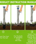Illustration of semi automatic long handled garden planter tool for seedlings and bulbs showing step-by-step operation.