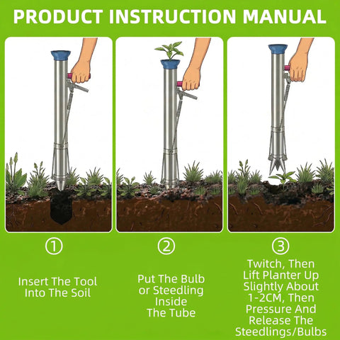 Illustration of semi automatic long handled garden planter tool for seedlings and bulbs showing step-by-step operation.