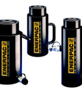 Group of three Beefy 100 Ton Single Acting Aluminum Hydraulic Cylinders With Lock Nut, black finish, single port, 3.94 inch stroke.