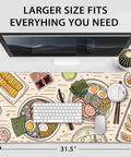 Top view Japanese Ramen Themed XXL Gaming Mouse Pad 31.5 by 15.7 inches with illustrated food pattern on desk setup