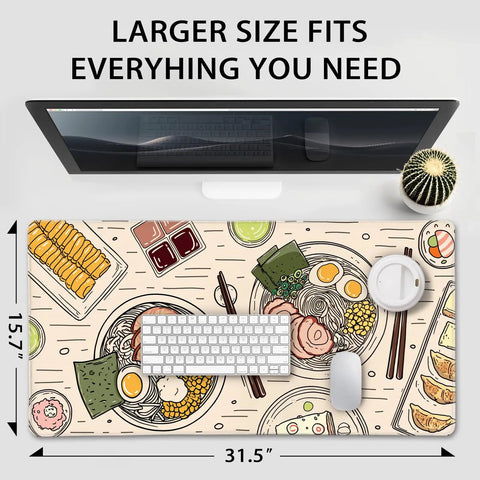 Top view Japanese Ramen Themed XXL Gaming Mouse Pad 31.5 by 15.7 inches with illustrated food pattern on desk setup
