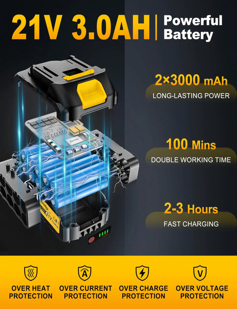 21V 3.0AH powerful battery with dual 3000 mAh capacity, showcasing long-lasting power for cordless electric pruning shears.