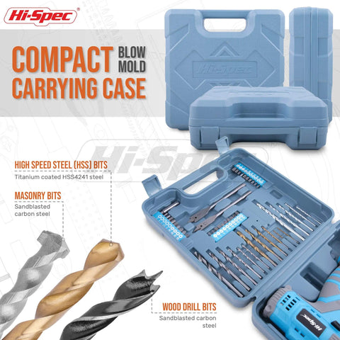 Your Go To Cordless Drill Set 50 Piece 12V Power Driver Kit With Rechargeable Battery In A Tough Toolbox Case open showing drill bits