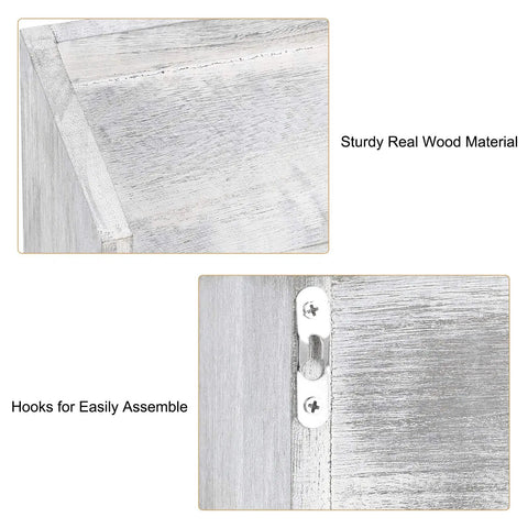 Close-up of Rustic White Wood Wall Mounted Toilet Paper Holder With Storage Shelf showing wood grain and mounting hooks.