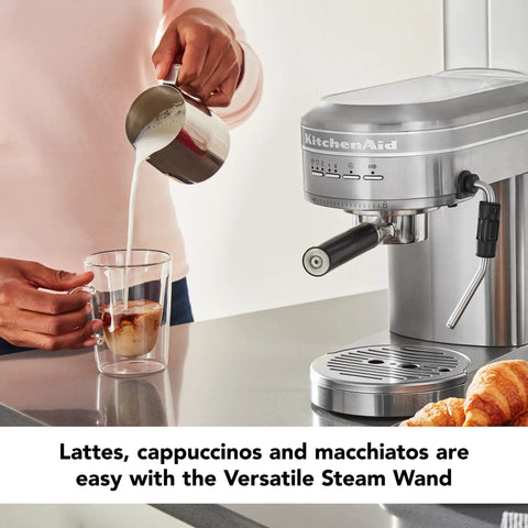 Premium Metal Semi Automatic Espresso Machine With Dual Smart Temp Sensors And 58Mm Commercial Portafilter pouring milk into coffee glass.