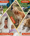 Collage showing dog behaviors like following, barking, startling, impairing sleep, and bad habits, relevant to Ultrasonic Bark Deterrent For Dogs And Puppies 3 In 1 Training Tool With LED Warning Light And Ultra Bright Flashlight To Stop Excessive Barking And Bad Behavior And Help Your Pet Stay Calm And Obedient Real Quick.