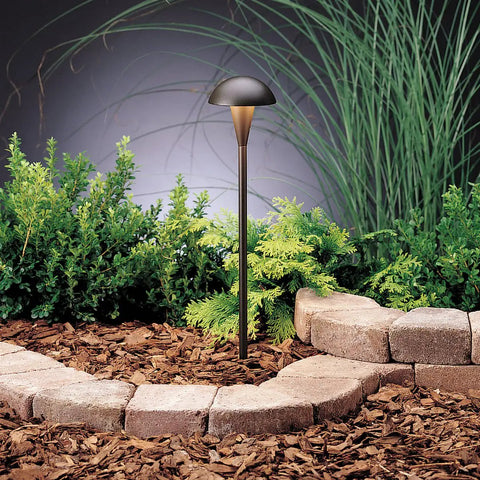 Eclipse 12V Path Light With One Bulb Included, No Fuss Outdoor Lighting, 18.5 Inches High By 4.5 Inches Wide, Textured Architectural Bronze For Wet Locations, Path And Spread Design installed in a garden path