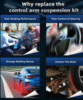 Collage showing reasons to replace control arm suspension kit: poor braking, steering issues, rattling noises, uneven tire wear.