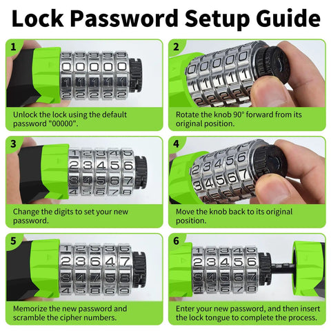 Lock setup guide for Heavy Duty Metal Digital Dial Chain Lock For Bikes And Electric Scooters Three Point Two Foot Long With 5 Digit Keyless Combination Security Anti Theft Neon Green For Bike Electric Scooter E Bike Motorcycle