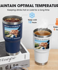 Top Shelf Personalized Stainless Steel Tumbler 30 Oz Double Wall Insulated Travel Coffee Cup with custom design, hot and cold function.