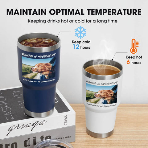Top Shelf Personalized Stainless Steel Tumbler 30 Oz Double Wall Insulated Travel Coffee Cup with custom design, hot and cold function.