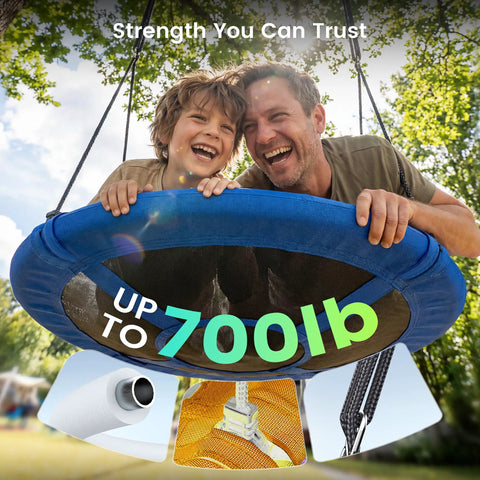 Father and son enjoying 43 Inch Saucer Tree Swing For Kids And Adults 700 Lb Weight Capacity Waterproof Flying Saucer Swing