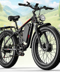 Powerful Dual Motor 4000W Fat Tire Electric Bike With 52V 25Ah Battery, full suspension, parked on paved road