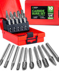 Carbide burr set, 10 pcs, 1/4 in shank, double-cut tungsten carbide bits in red case (front view)