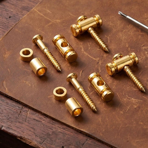 Premium Brass Electric Guitar String Trees Retainers 2 Pairs on leather background, includes screws and mounting parts for tuner heads.