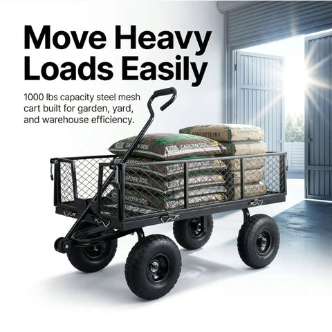 Heavy Duty 1000 Lbs Capacity Mesh Steel Garden Cart Pullable Wagon On Wheels Folding Utility Wagon With Removable Sides For Outdoor Yard Lawn Black Finish