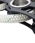 Close-up of Deluxe Fiddle Block Kit with Anodized Aluminum UniBody Frame for tree pulling showing rope and sheaves detail.