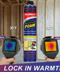 Heavy Duty Closed Cell Spray Foam Insulation Kit Self Expanding Polyurethane on display with thermal measurement before and after