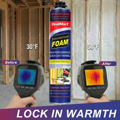Heavy Duty Closed Cell Spray Foam Insulation Kit Self Expanding Polyurethane on display with thermal measurement before and after