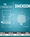 Dimensions of Tiny But Mighty Submersible Pump 1-A 115 Volt 1/200 HP 170 GPH with size details for fountains and displays