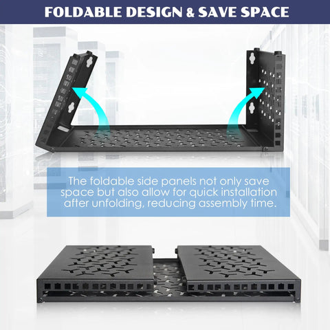 Foldable 12 Inch Depth Open Frame Server Rack for Wall Or Desk Mount showing foldable design